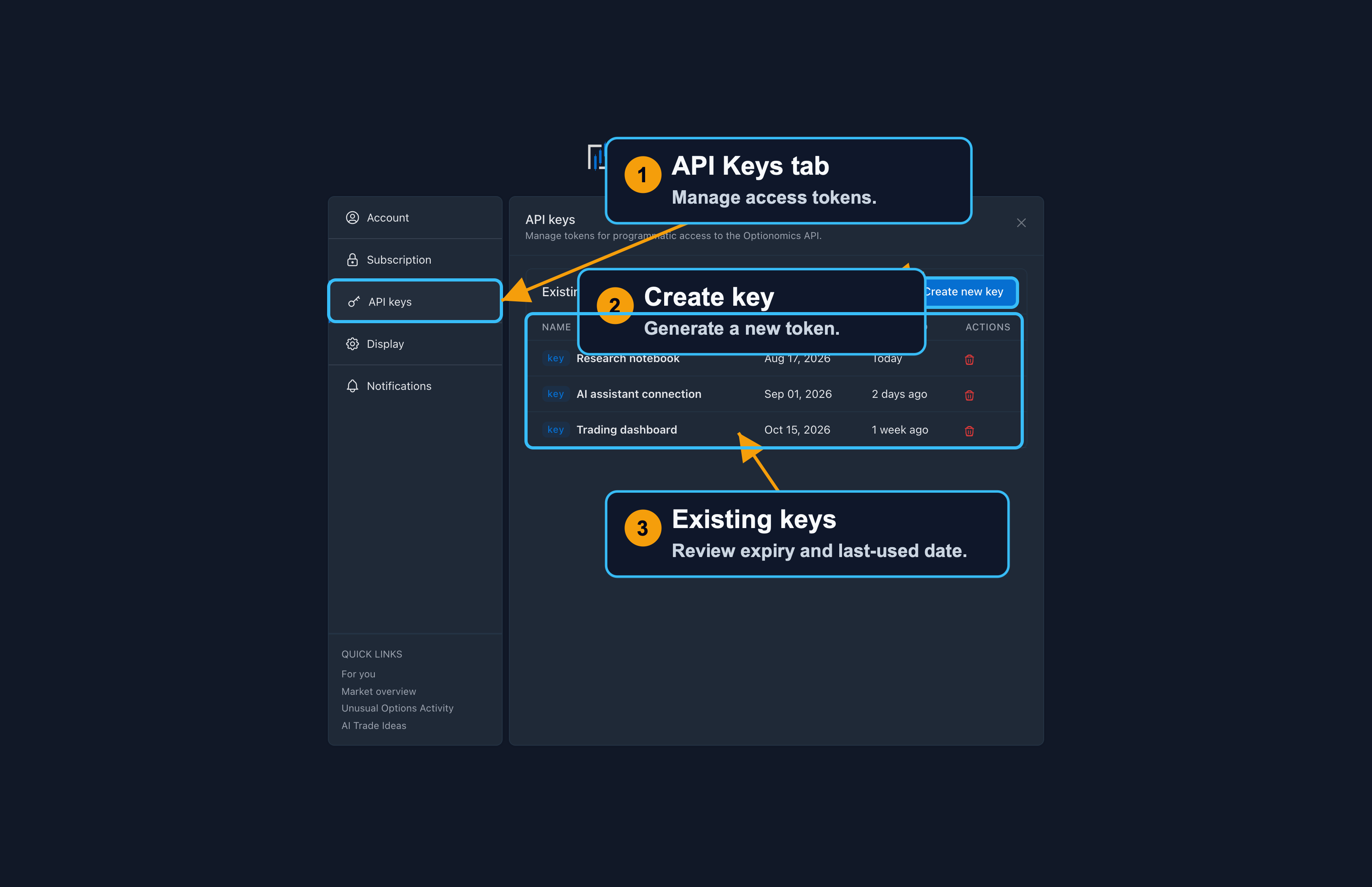 API key settings with example keys and create key button screenshot
