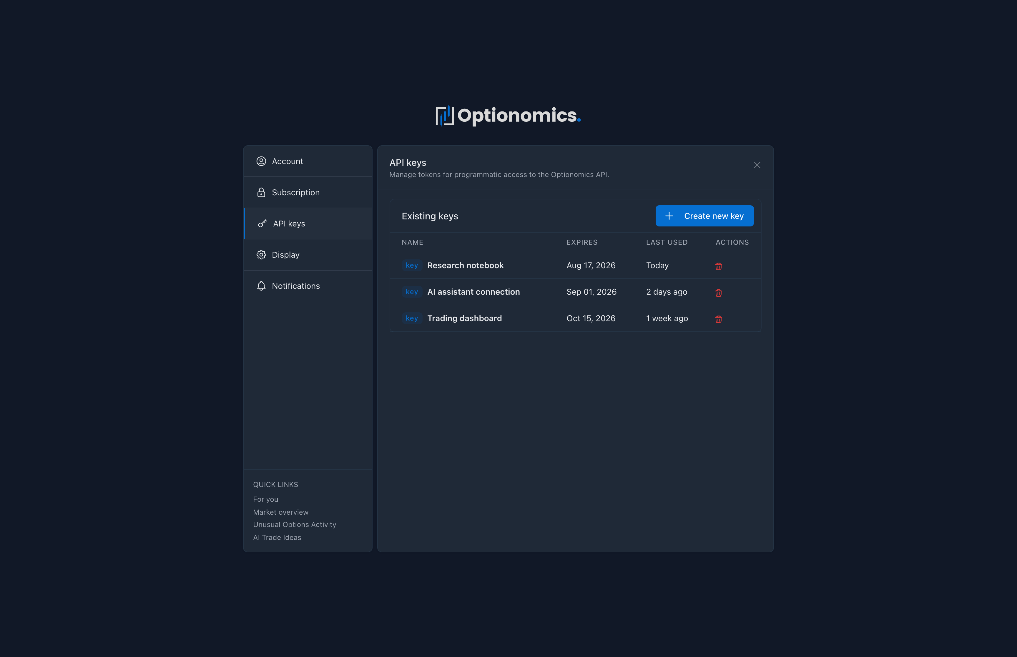 API key settings used to create an Optionomics token for MCP connections screenshot