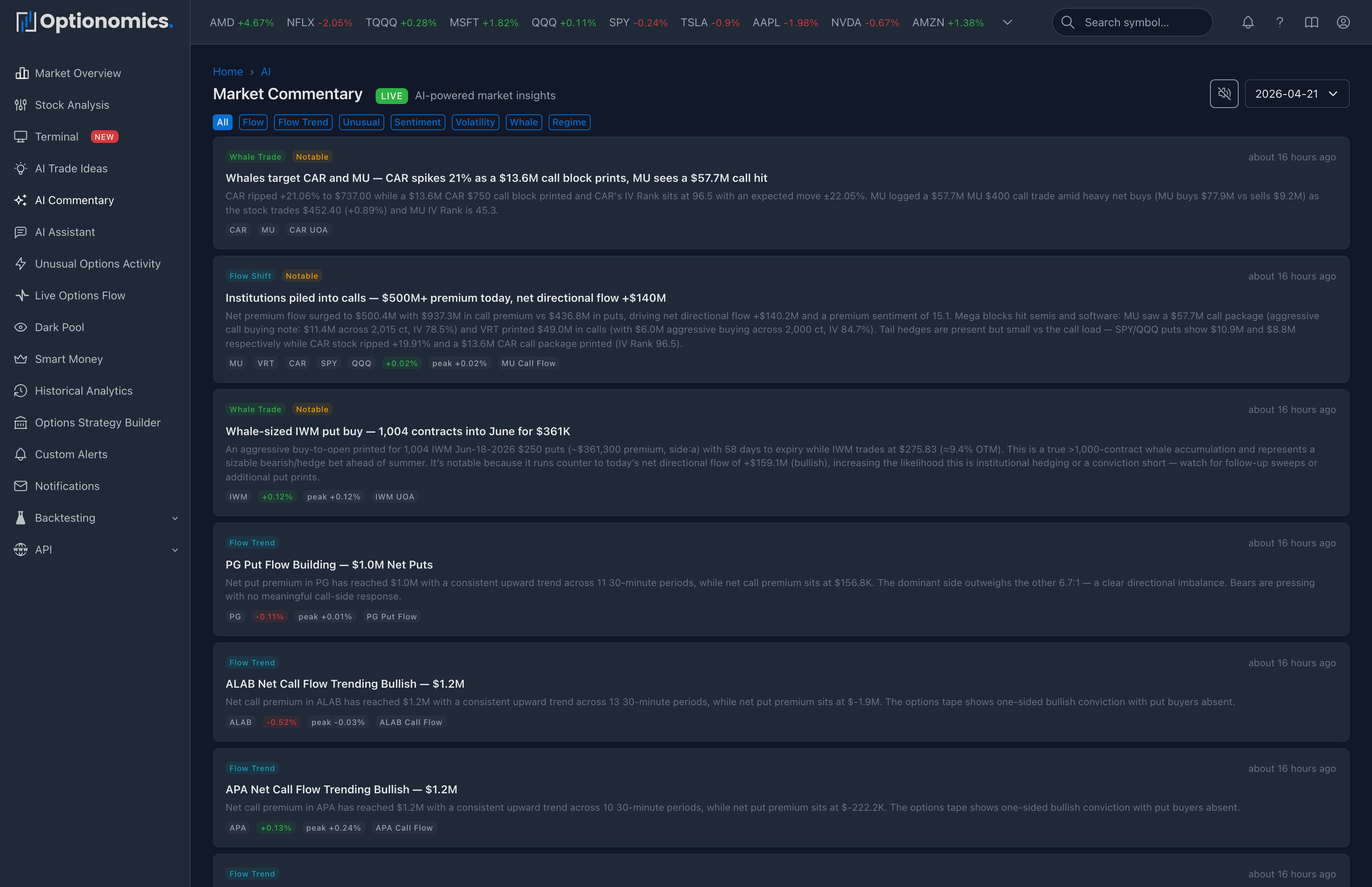 Live Market Commentary feed with category filters